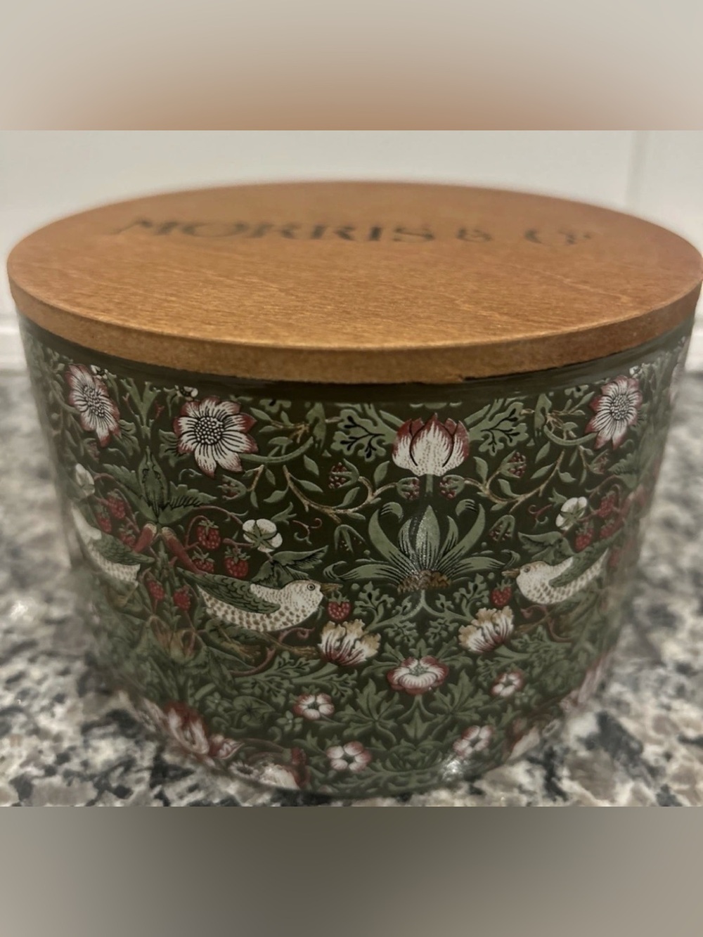 Morris & Co 20oz Chestnut Scent Candle Strawberry Thief Jar wood lid reusable
